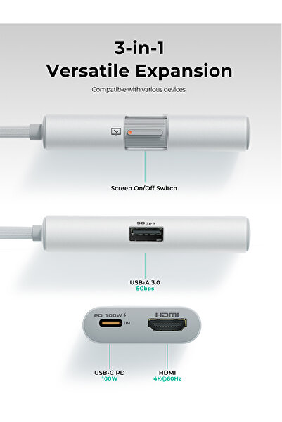 AUKEY UH-CUH01 Silver TravelDok 3-in-1 USB Hub Adapter, 1xHDMI, , 100W PD, 5Gbps, 4K @ 60Hz,
