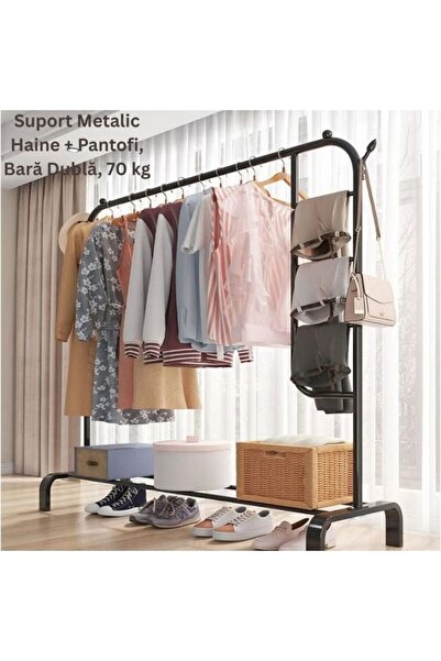 OEM Suport Metalic Haine + Pantofi, 70 kg 150×120×50 cm – Bară Dublă, Raft In...