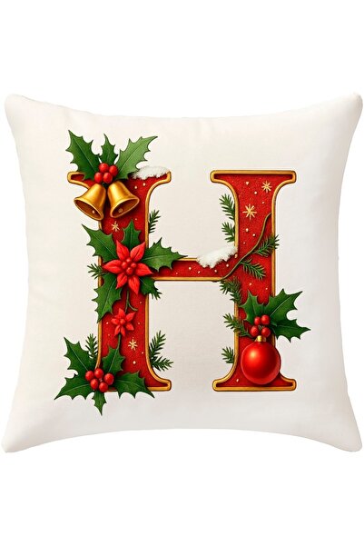 MİNOZA Digital Printed Red Letter H Decorative Throw Pillow Cover with Christmas Pine Decoration