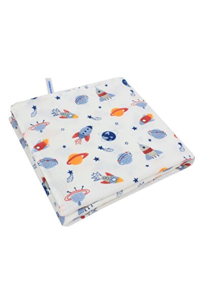 PRICHINDEL Pătură de muselină, Maxi, planete și rachete, albă, 120x160 cm
