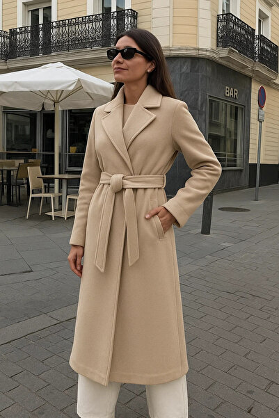 comstar Γυναικείο παλτό Comfort διπλό πέτο Trend Cream Long Cashmere