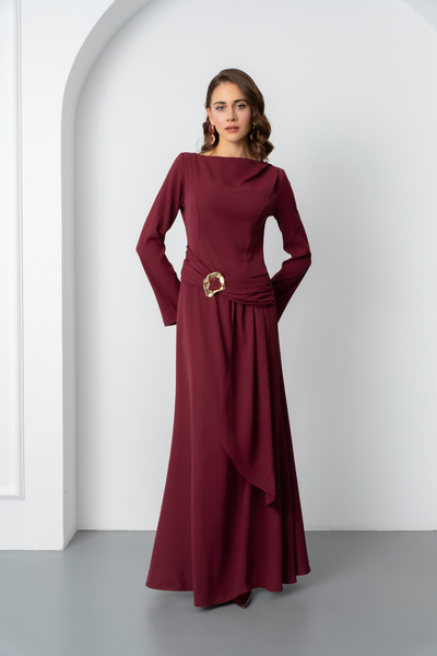 Lafaba Γυναικείο Μακρύ Φόρεμα Βουργουνδίας με Λεπτομέρεια Αξεσουάρ