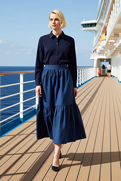 BENERLY Women's Flared Maxi Skirt High Waist with Belt 84% Polyester 16% Cott...