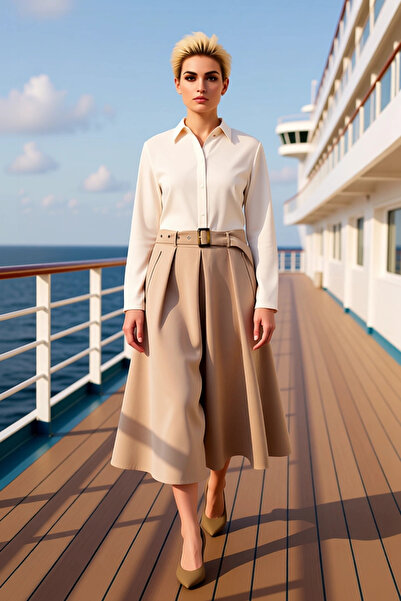 BENERLY Women's Flared Midi Skirt with Pocket Detail, Gabardine, Belted, Func...