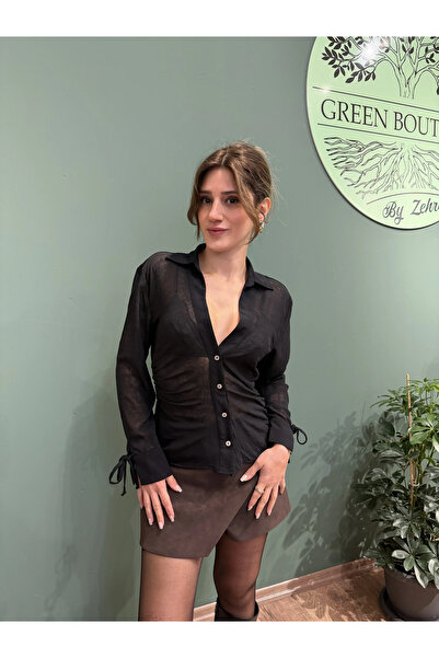 Greenboutique Büzgülü Bağcık Detaylı Transparan Gömlek