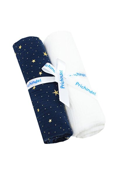 PRICHINDEL Set de 2 cârpe de muselină, Stele metalice, bleumarin cu alb, 80 x...