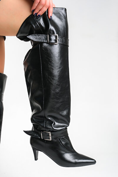 Ayakkabı Delisiyim Black Shiny Leather Women's Boots Mini Short Heeled Buckle Over-The-Knee Non-Slip Sole Fiona