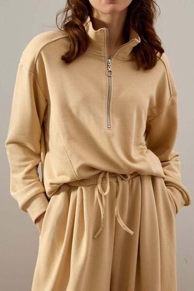 Ceylan Otantik Μπεζ φούτερ με μισό φερμουάρ με 3 κλωστές