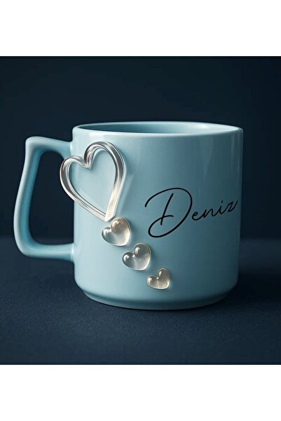 Bk Gift Kişiye Özel İsimli Kabartmalı Kalpli Tasarım Mavi Kupa Bardak-1, Eşe ...