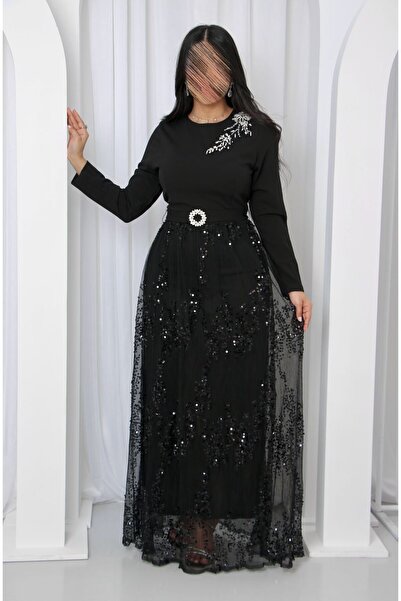 SELSAL Elegant, shimmering black sequined dress with sleeves