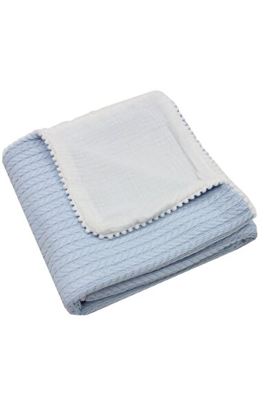 PRICHINDEL Anna knitted blue blanket with tassels, white muslin reverse, 80x1...
