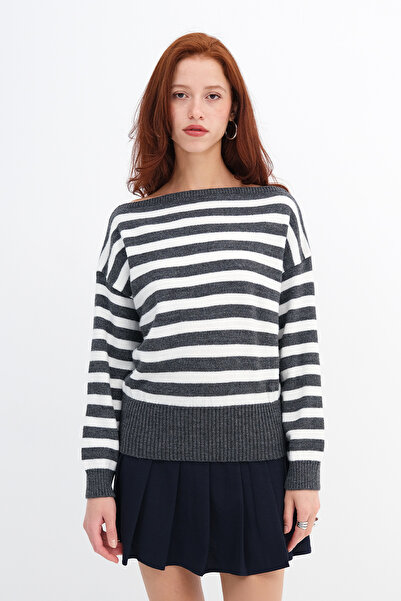 Addax Boat Neck Striped Knit Sweater K3525