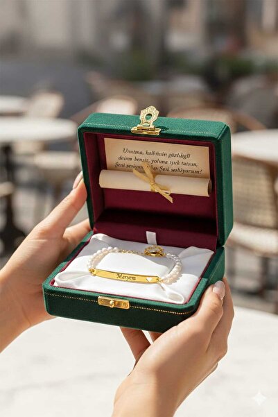 Flamingo 925 Ayar Gümüş Kalpli İsimli Plaka İncili Bileklik İnci Bileklik.rose.gold.rodaj