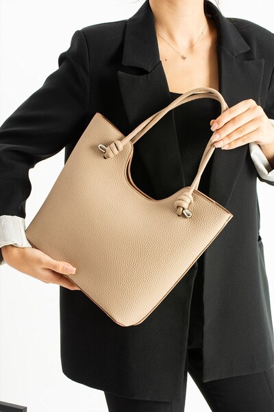 Just Polo Elite Ecru Mink Knot Detailed Large Internal Volume D Leather-Look Women's Hand and Shoulder Bag Pbu2207