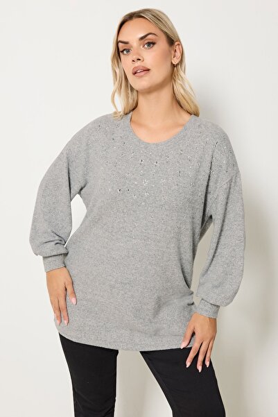 Stil Diva Plus Size Crew Neck Long Sleeve Stone Detailed Plush Sweater 285065