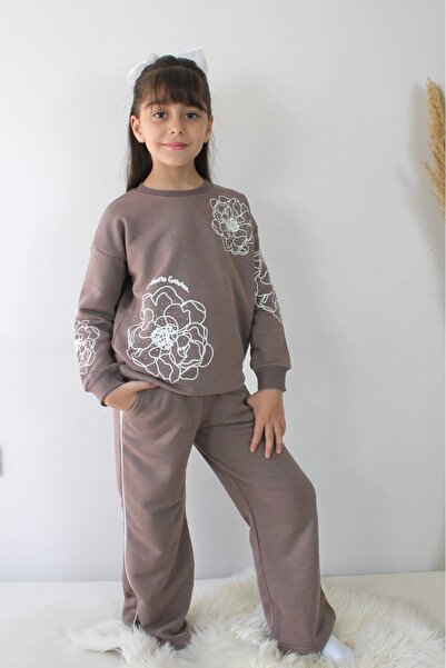 G-Smart Kids طقم بناتي بتفاصيل حجرية وساق واسعة بلون بني