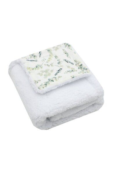 PRICHINDEL Deluxe Teddy blanket, cotton reverse with eucalyptus flower print, 80 x 100 cm, white