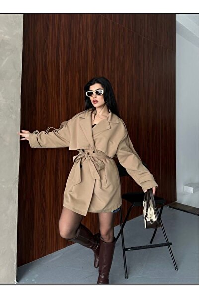 OEM Oversize Kuşaklı Bej Trençkot – Şık Kısa Kesim Dış Giyim