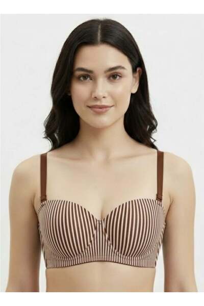 Comfort حمالة صدر نسائية مبطنة من إسفنج الذاكرة المخطط - بدون سلك، ملائمة للاستخدام اليومي - بنية