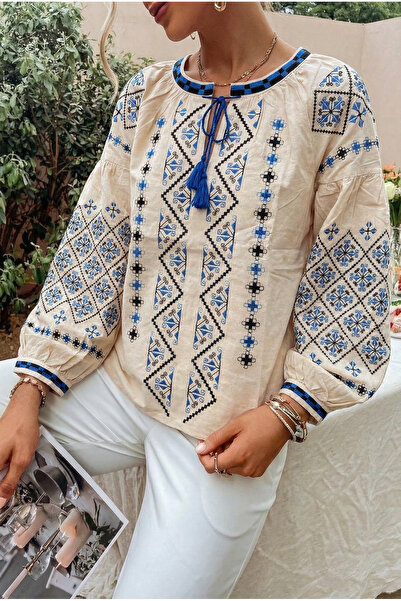 FEMELLE Women's Beige Balloon Sleeve Collar Tassel Embroidered Blouse