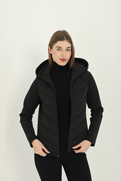 mmetalic Women's Black Hooded Pocket Casual Thermal Contrast Puffer Coat