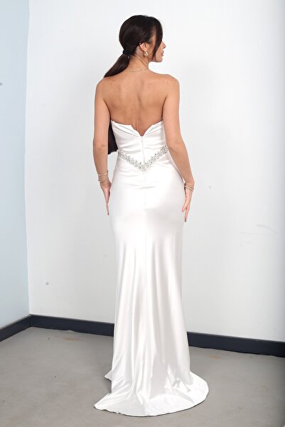 By Saygı Women's Strapless Transparent Strap Lined Shiny Stone Detailed Satin Long Dress with Draped Flared Skirts on the Front