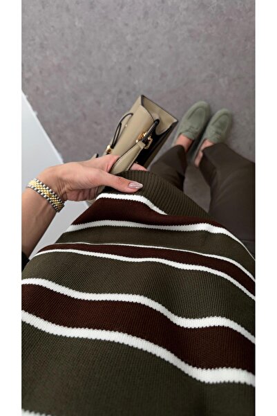 HAZELANNA Polo Neck Khaki Striped Sweater