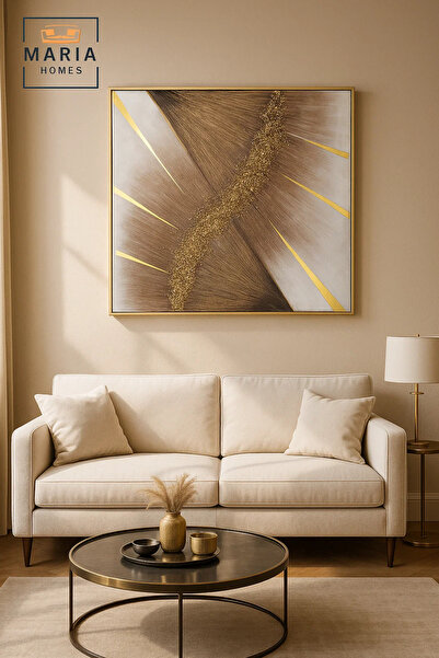 MARIA HOMES لوحة فنية تجريدية بنسيج ذهبي - ديكور قماشي معدني فاخر حديث لغرفة المعيشة 100*100 سم