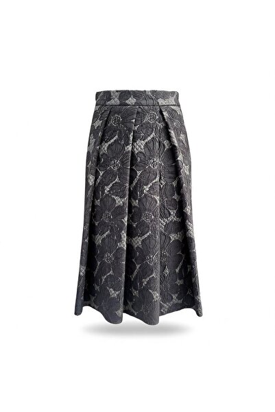 Eight Fashion Women's Black Jacquard Patterned Pleated Zippered Midi Skirt
