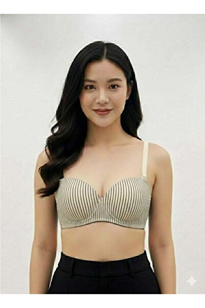 Comfort Women's Padded Striped Memory Foam Bra - Non-Wired, Adjustable Straps - Cream