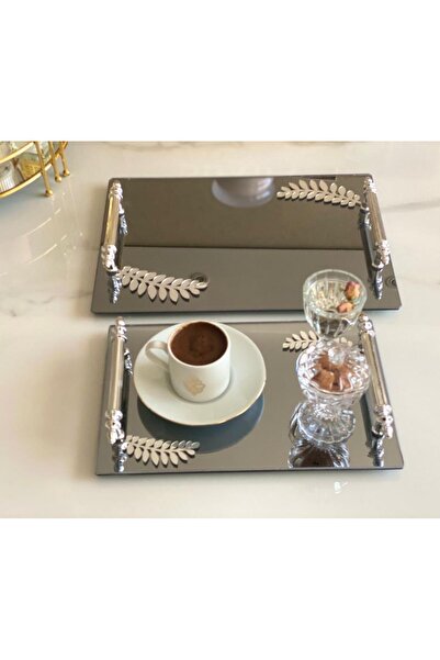 Mirsa Global صينية تقديم مزخرفة بنمط أوراق الشجر مع مرآة، صينية شاي، صينية شاي فاخرة