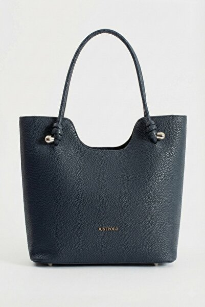 Just Polo Elite Navy Blue Knot Detailed Large Internal Volume D Leather-Look Women's Hand and Shoulder Bag Pbu2207