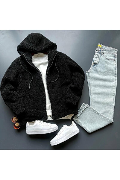 giyimadam16 Oversized - Hooded Plush Cardigan Men's Fleece Baggy Jeans Pantalon