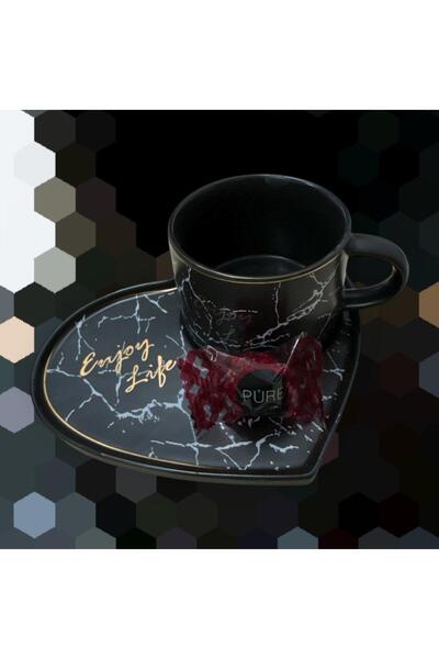 OEM Set of 2 Heart-Shaped Cups with Saucers – Black Marble Pattern, Elegant Design “Enjoy Life”