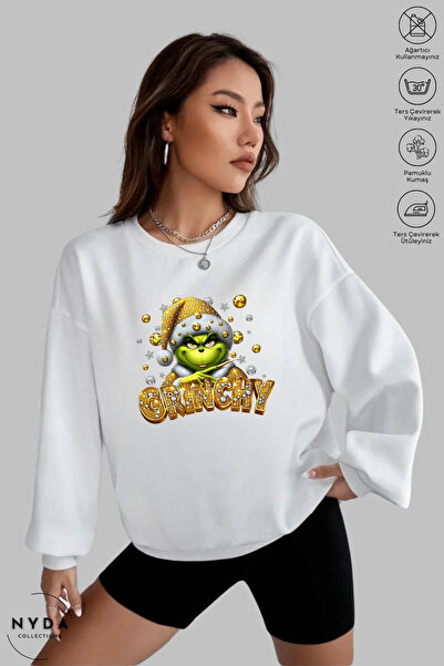 Nyda Collections Unisex Long Sleeve Grinchy Printed Crew Neck Hoodless Fleece-Lined Oversized Sweatshirt