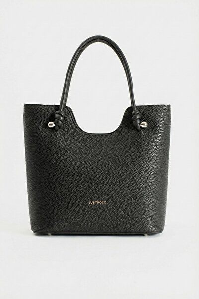 Just Polo Elite Black Knot Detailed Large Capacity D Leather-Look Women's Hand and Shoulder Bag Pbu2207