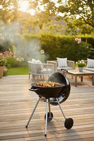 Padilon Yuvarlak Kömürlü Mangal 44 cm Krom Izgara Kapaklı Tekerlekli