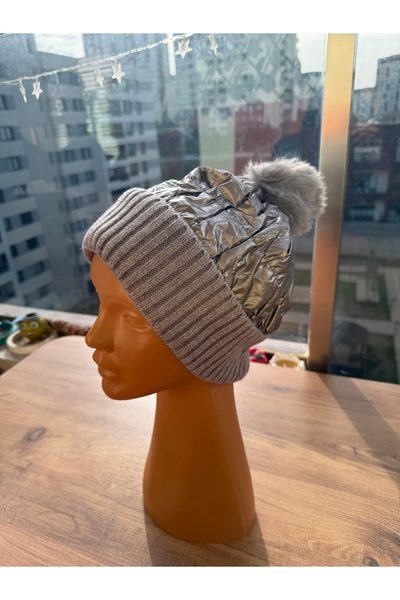 Blotch Soğuktan Koruyan Parlak Yanardöner Janjanlı Çift Katlı İçi Polarlı Triko Gümüş Gri Bere