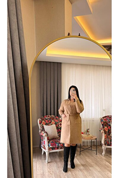 fatma keskin linna butik Women's Milk Coffee Belted Long Cardigan with Pockets