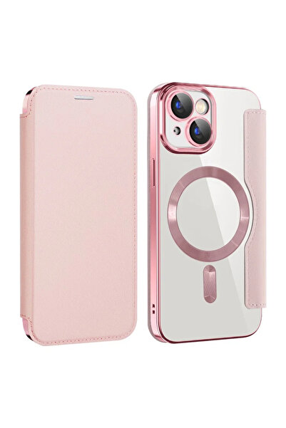 Apple Θήκη MagFlip για iPhone 15, μαγνήτης, προστασία RFID, δέρμα, χρώμιο, ροζ