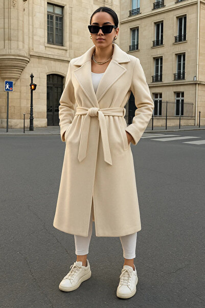 comstar Γυναικείο παλτό διπλό πέτο Casual Trend Cream Cashmere