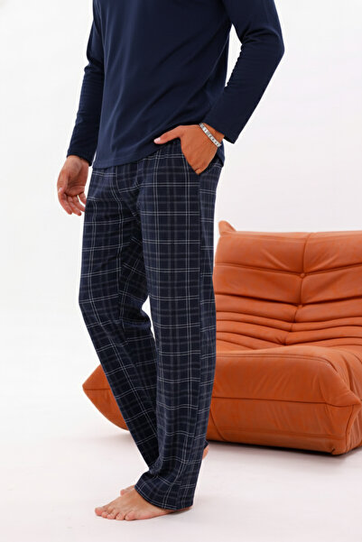 Pijamasoft Erkek Lacivert Ekose Baskılı Pamuklu Örme Uzun Kollu Cepli Pijama ...