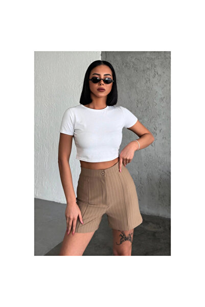 byhodi High Waist Crepe Stretchy Striped Shorts Beige, Offering Elegance and Elegance Together