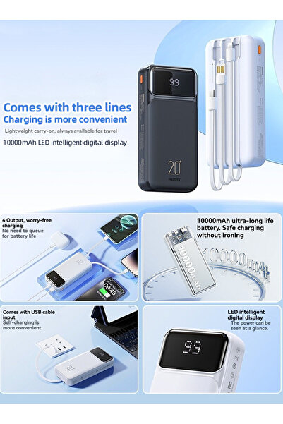 Levino Portable Power Bank with LED Display Fast Charging, Built-in Cables, Type-C & USB 10000mAh