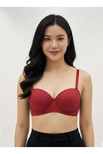 Comfort Women’s Padded Striped Memory Foam Bra - Non-Wired, Everyday - Red