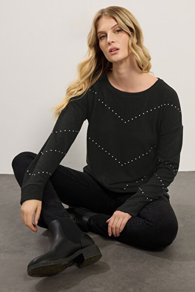 Stil Diva Plus Size Crew Neck Long Sleeve Rhinestone Slim Sweatshirt 356682