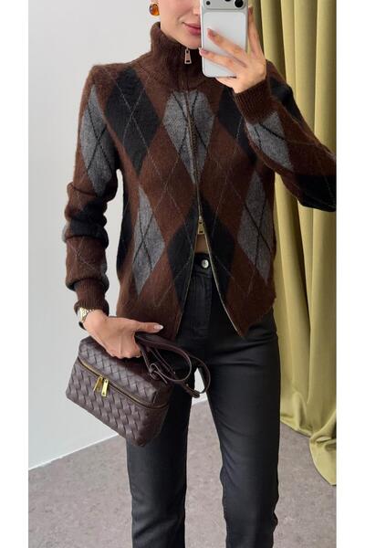 HAZELANNA Coffee Baklava Patterned Cardigan