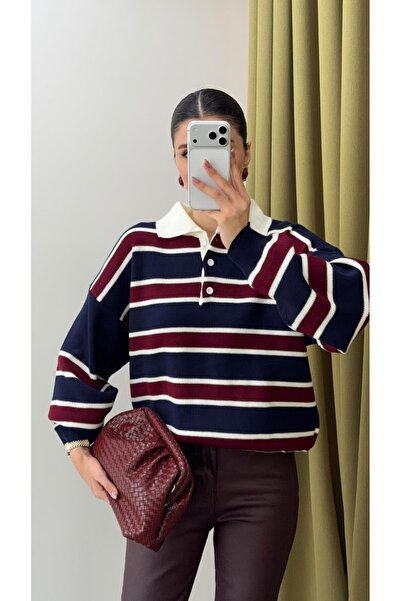 HAZELANNA Polo Neck Navy Blue Striped Sweater