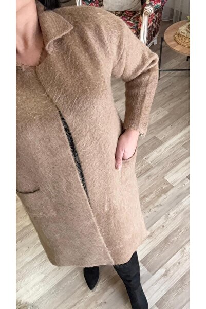 fatma keskin linna butik Women's Milk Coffee Belted Long Cardigan with Pockets