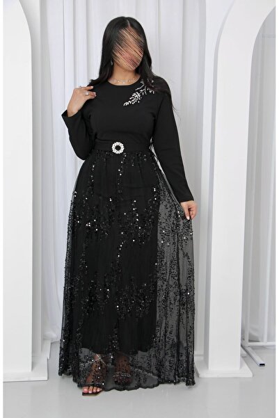 SELSAL Elegant, shimmering black sequined dress with sleeves